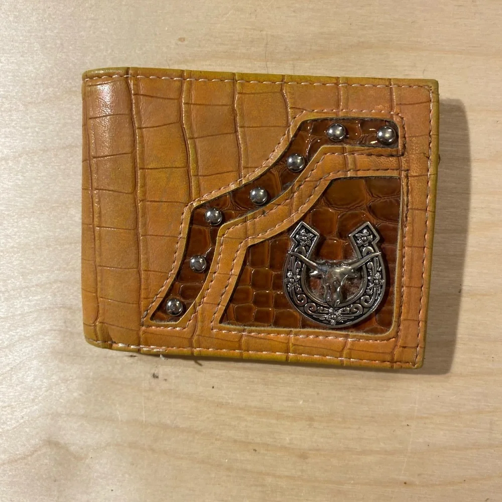 Western Themed Brown Leather Wallet with Silver Accents (MG)